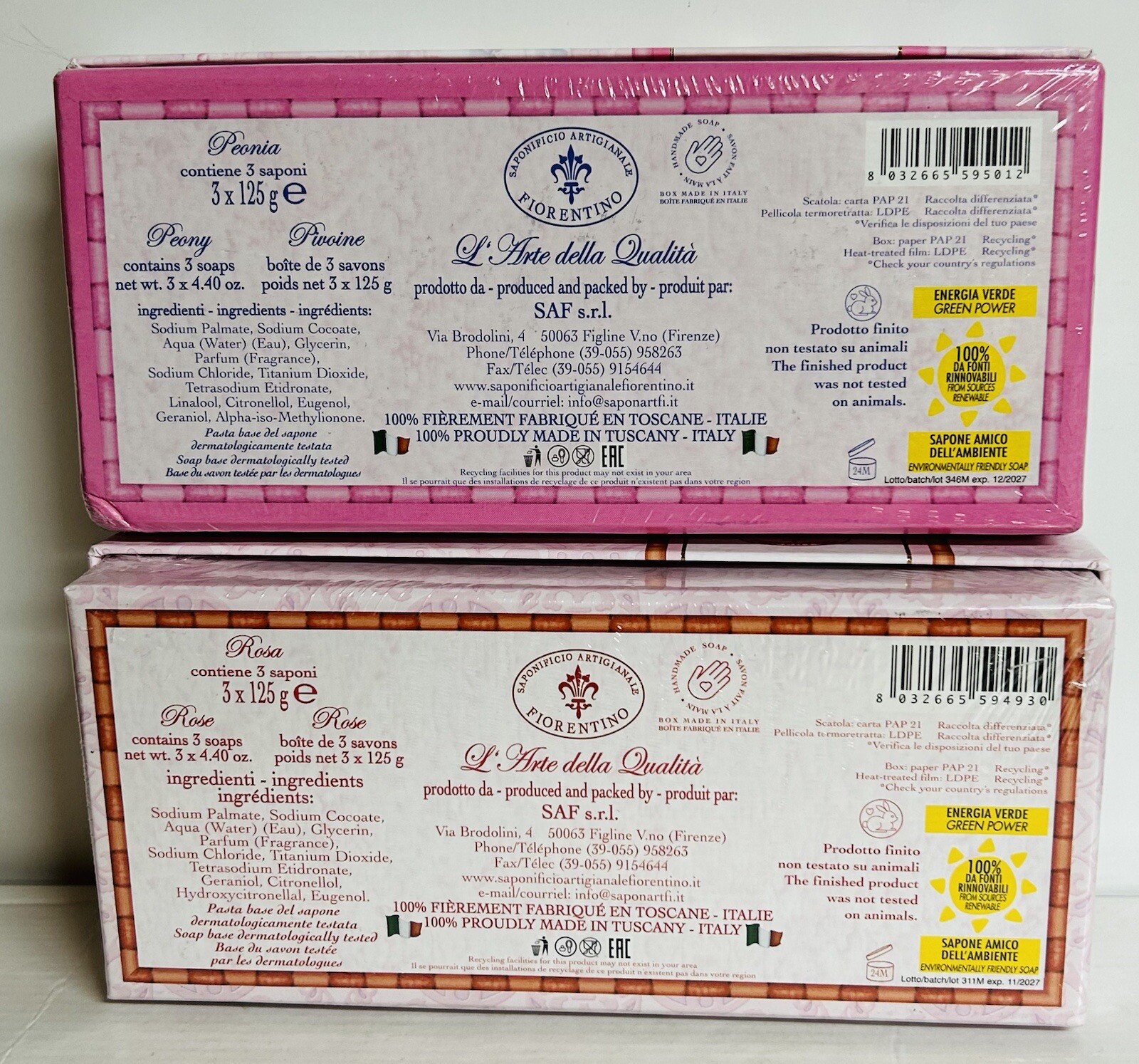 Fiorentino ~ Peony & Rose Bar Soap from Italy 6 bars 4.40 oz Each