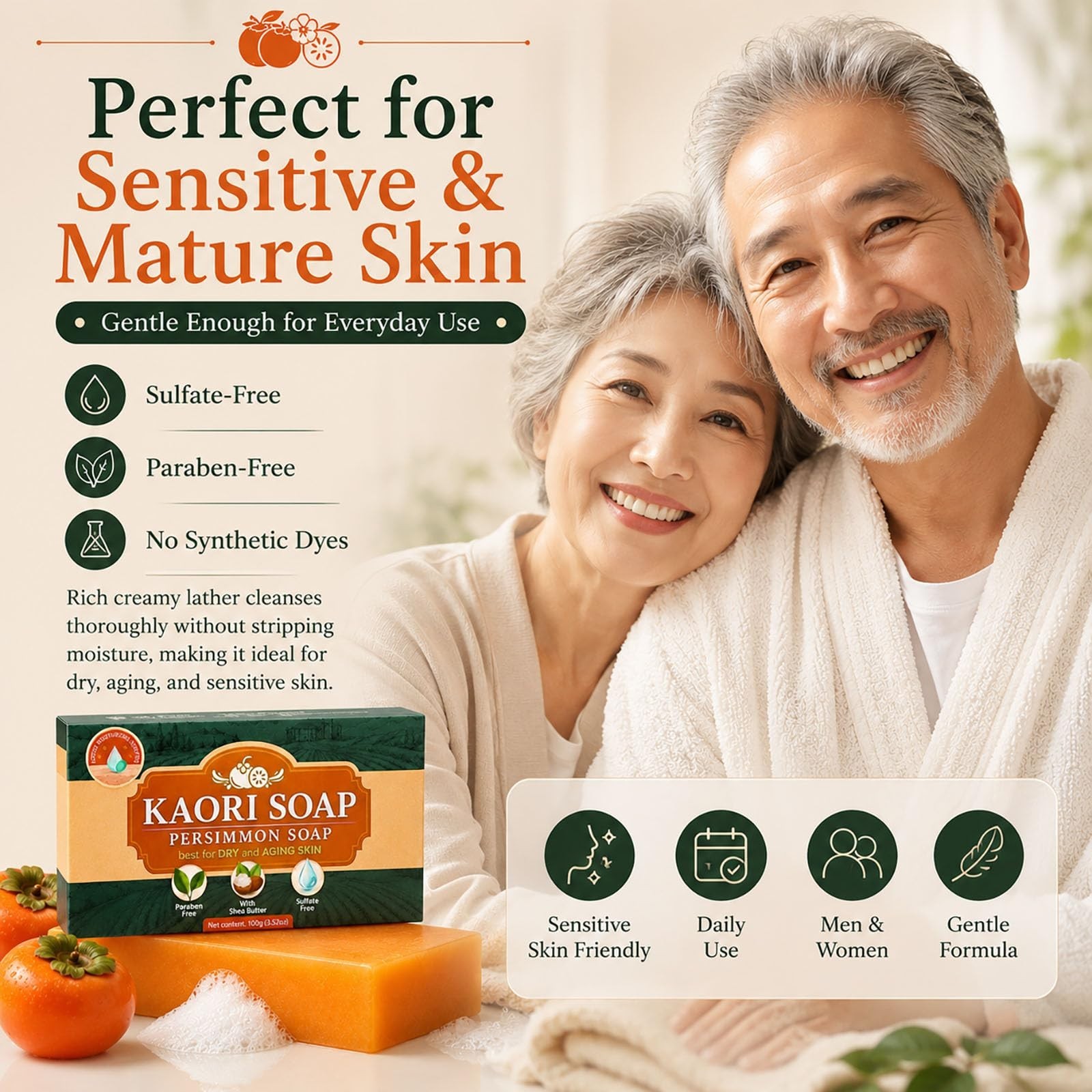 Natural Deodorizing Persimmon Soap for Dry Aging Skin, Green Tea Extract, Gentle