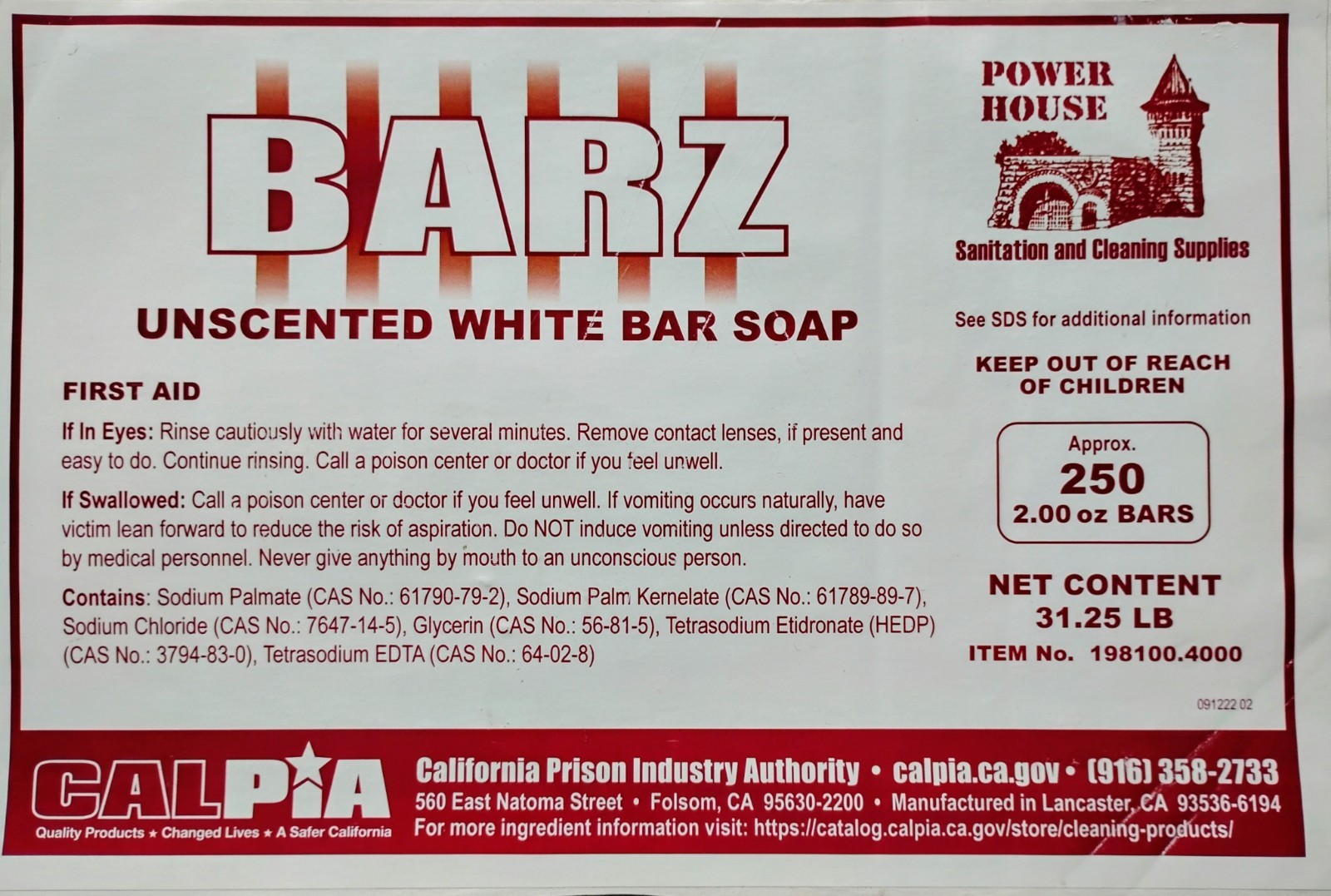 CALPIA Unscented White Bar Soap 2 oz w/ copy of original packaging label
