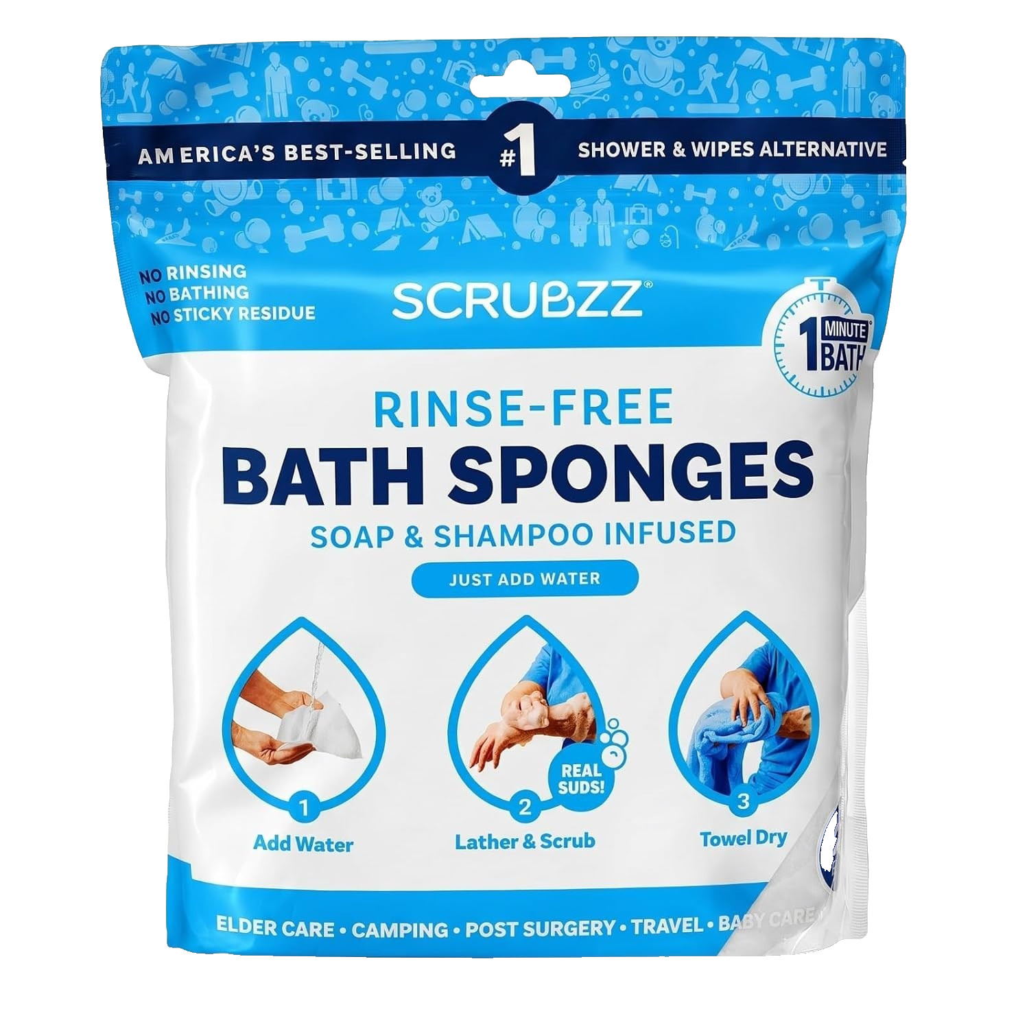 Scrubzz Disposable Rinse Free Bathing Wipes – 25 Pack All-in-1 Single Use Shower