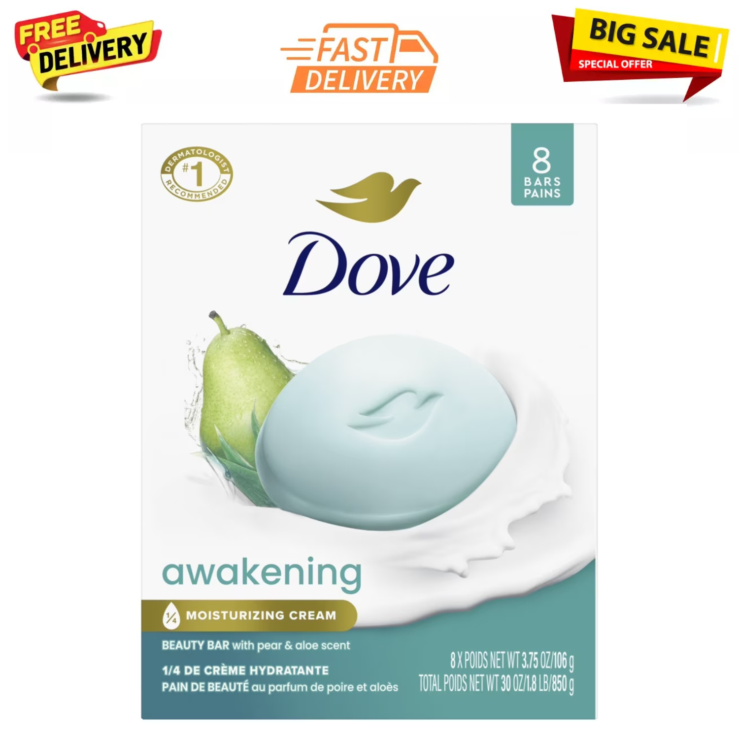 Dove Awakening Gentle Beauty Bar Soap All Skin Type, Pear and Aloe, 3.75oz, 24CT