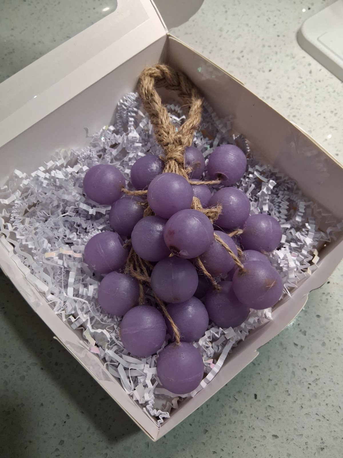Handcrafted crystal glycerin soaps shaped like grape clusters