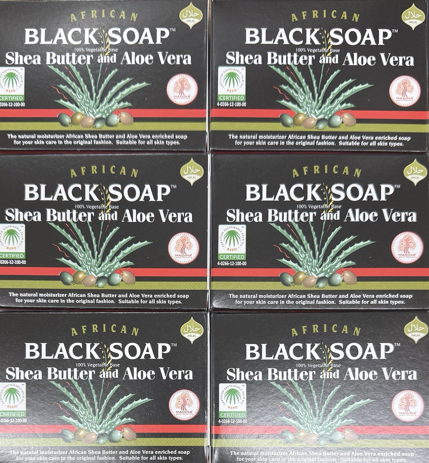 Madina African Black Soap Shea Butter and Aloe Vera 6pc X3.5 Oz 100% Vegan Base