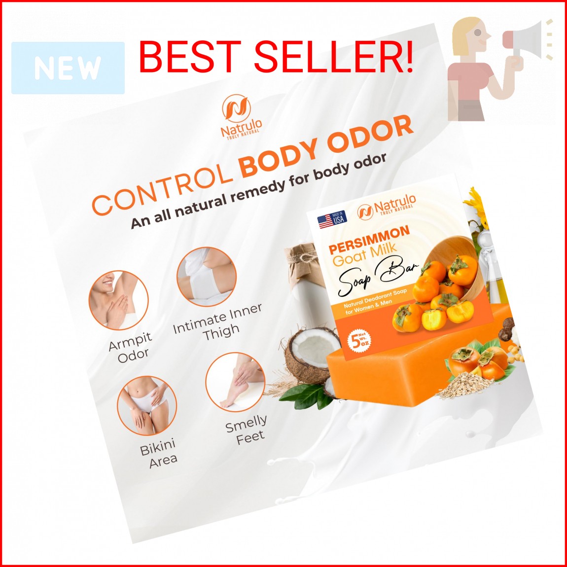 Persimmon Soap Bar for Body Odor Control – Purifying Deodorizing Body Wash with