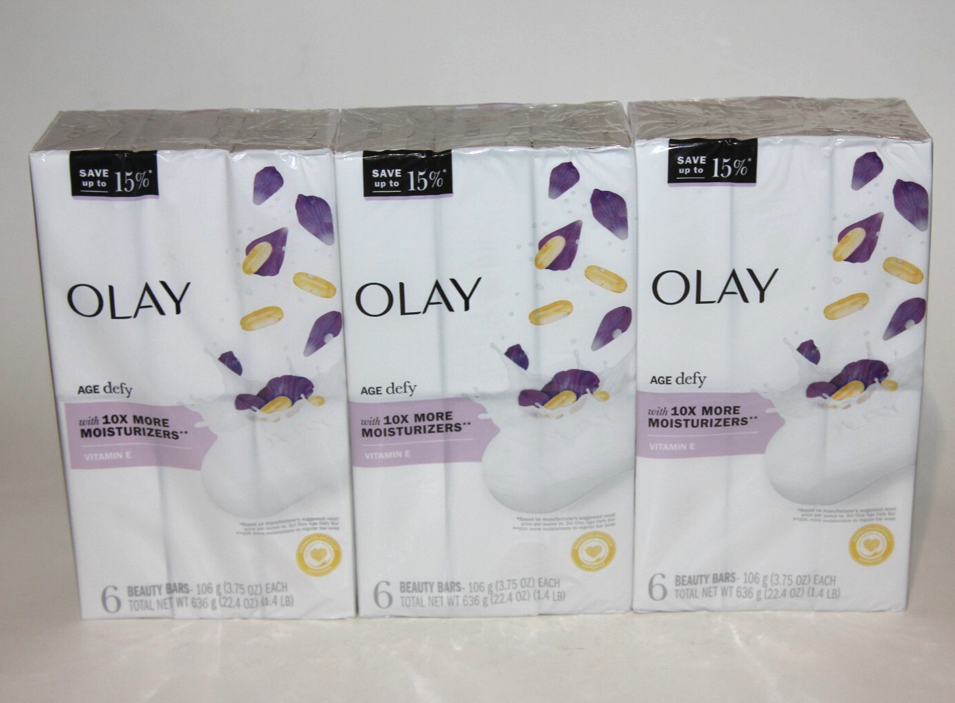 LOT (3) OLAY AGE DEFY BEAUTY BAR SOAP 10X MOISTURIZER VITAMIN E 3.75 OZ 18 BARS
