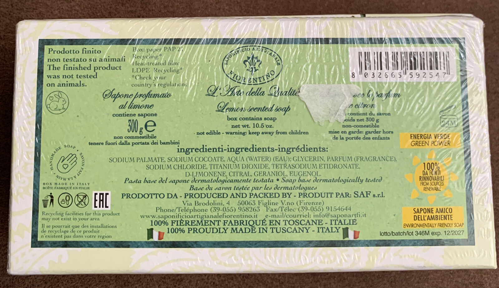 La Saponeria Firenze Lemon Scented Bar Soap 10.5 oz Made in Italy New NIP