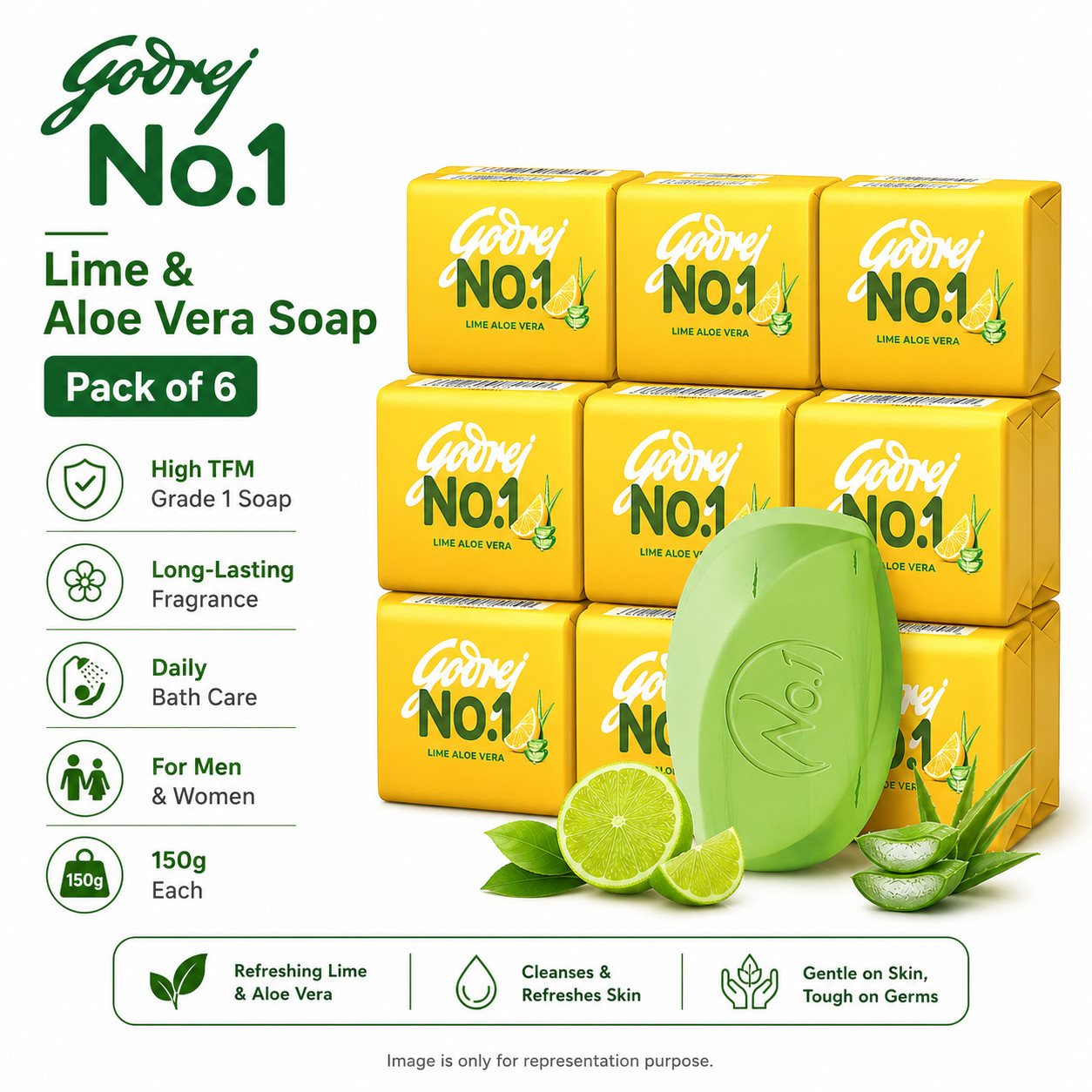 Godrej No.1 Lime Aloe Vera Soap 150g High TFM Grade 1 Bathing Soap Pack of 6 FS