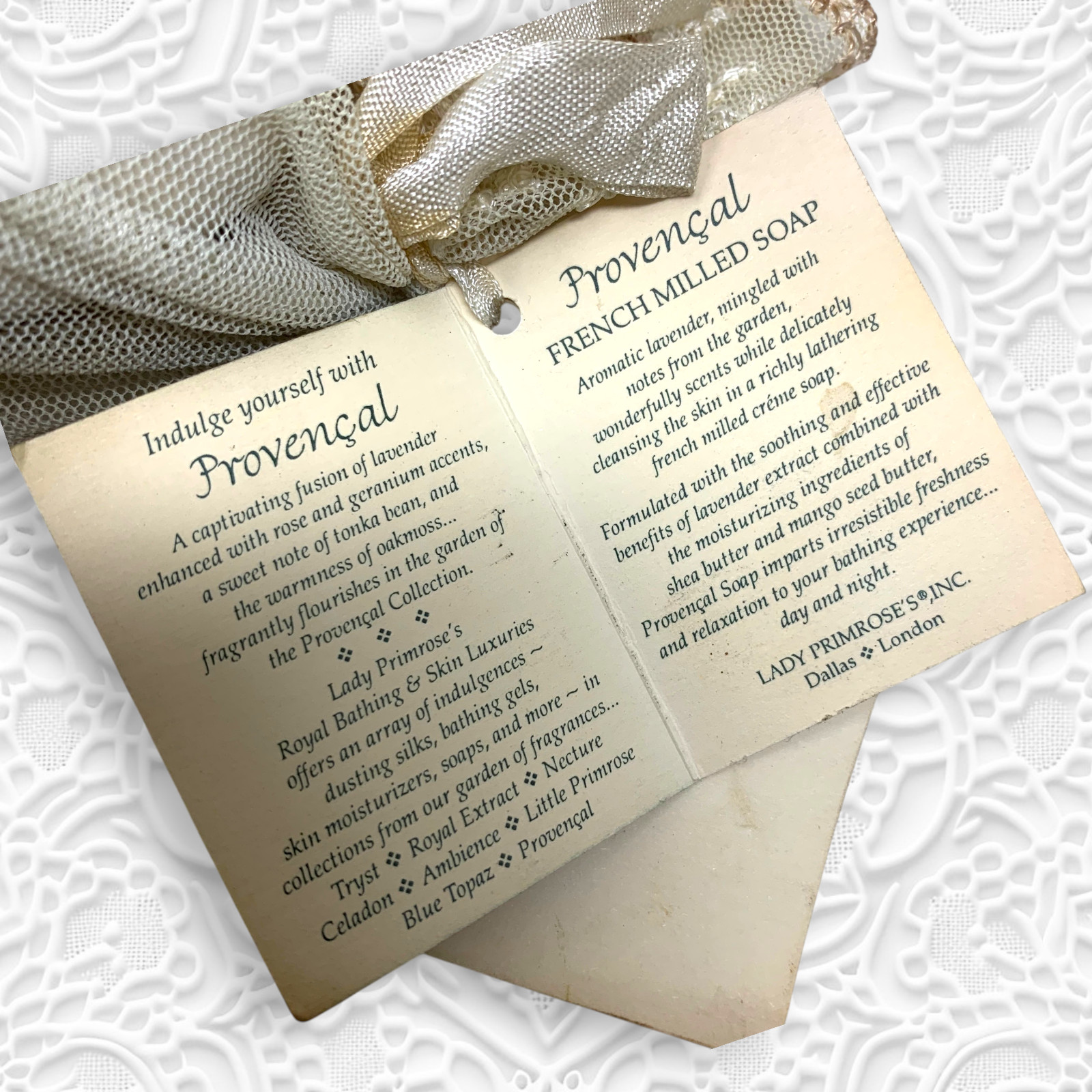 Vintage Lady Primrose Provencal Lavender French Milled Soap Lace Exfoliant 5 oz
