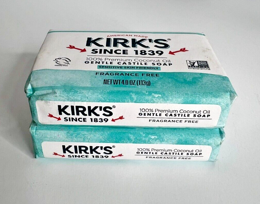 2 Kirk’s Gentle Castile Soap Sensitive Skin 100% Coconut Oil 4 oz Bar