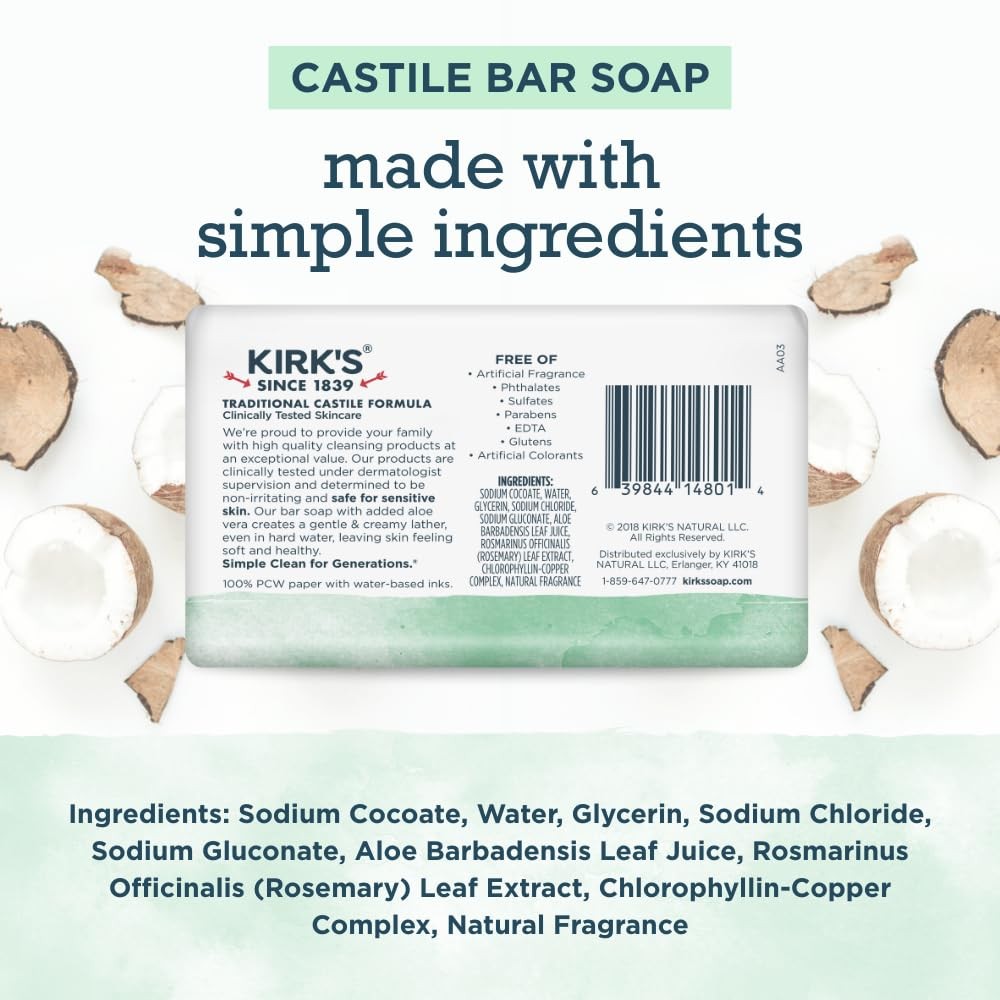Kirk’s Castile Bar Soap for Men, Women & Children – Made 4 Ounce (Pack of 6)