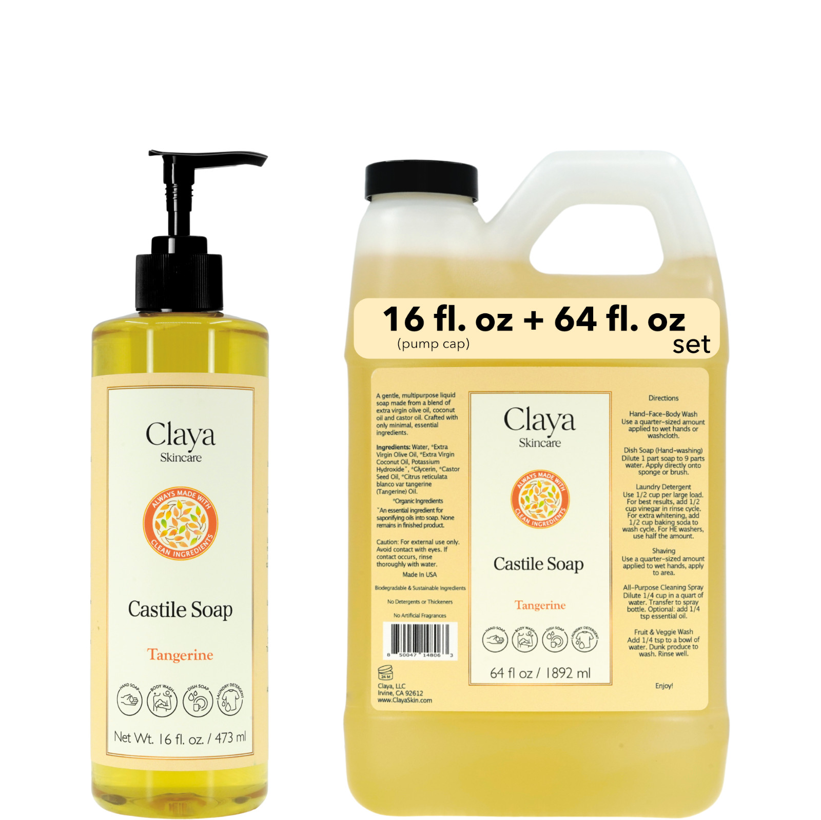 Tangerine Liquid Castile Soap Set – Organic Ingredients, Gentle for skin