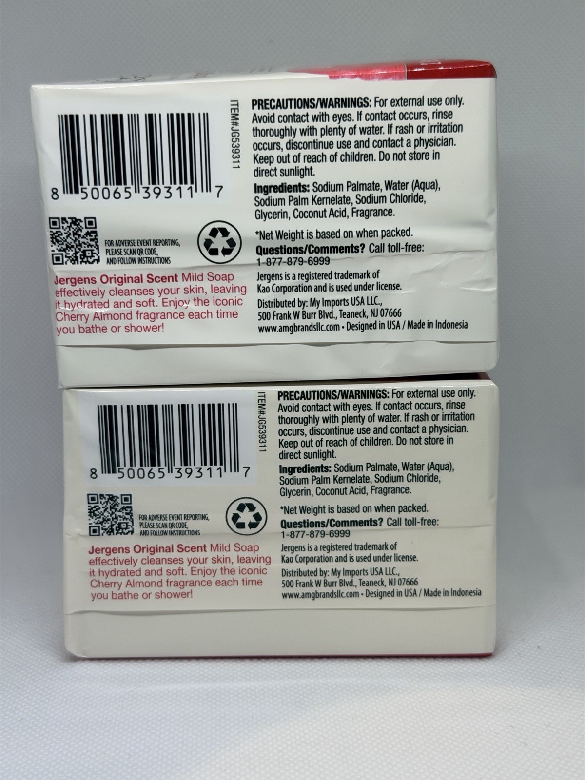 Lot of 2 JERGENS Mild Bar Soap Cherry Almond Original Scent 3 oz. Each Bar