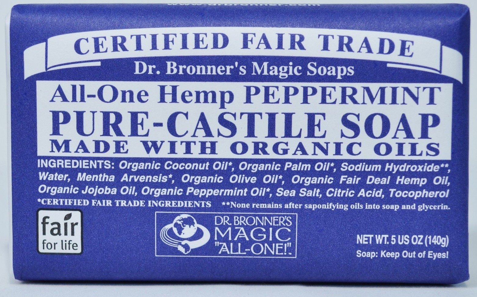 Dr. Bronners Pure-Castile Bar Soap Peppermint Hemp 5 oz Fair-Trade