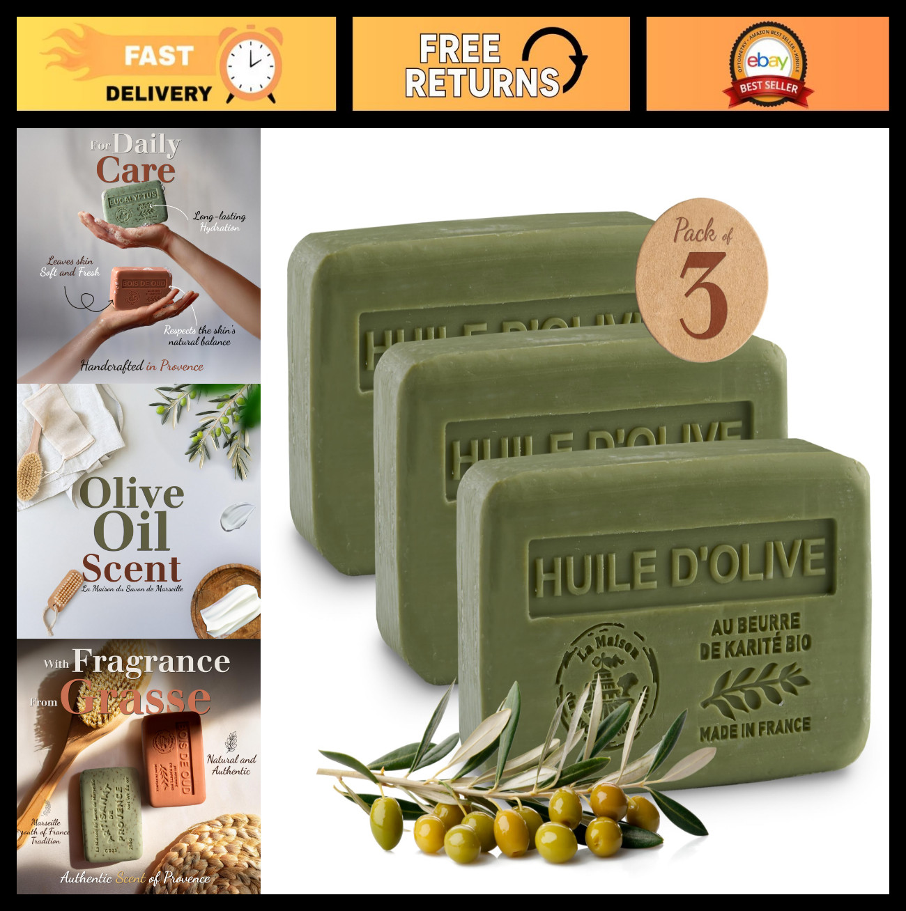 Organic Olive Oil Soap Bars – 3 x 8.8 oz | French Milled, Shea Butter, Natural I