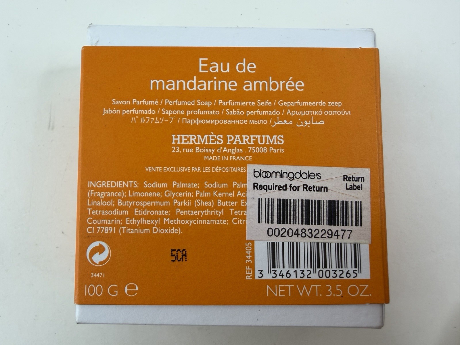 Hermes Eau de Mandarine Ambree 100g / 3.5oz Perfumed Soap (new with box)