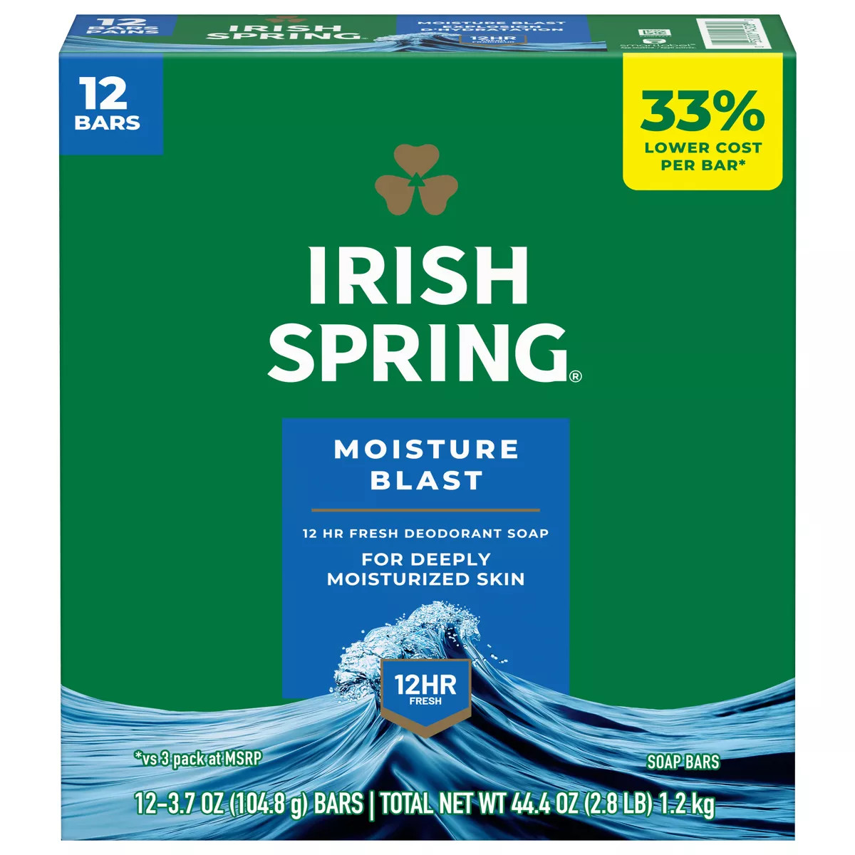 Irish Spring Bar Soap – Moisture Blast 3.7Oz/12Pk: Paraben-Free, Aluminum-Free,
