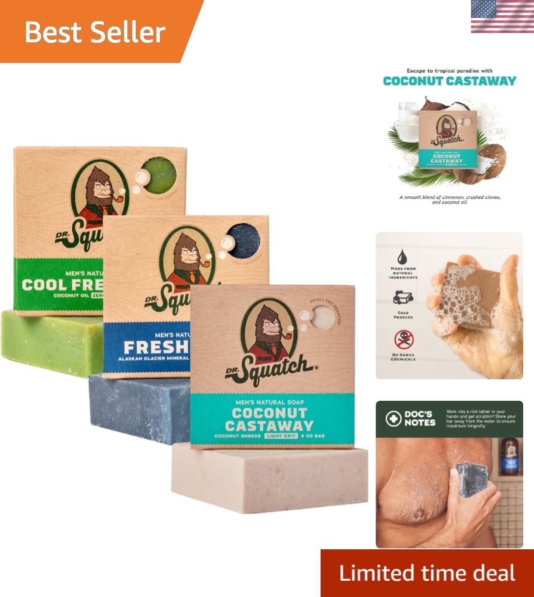 3-Pack Men’s Body Soap in Coastal Cool – Organic Cold Process for All Skin Types