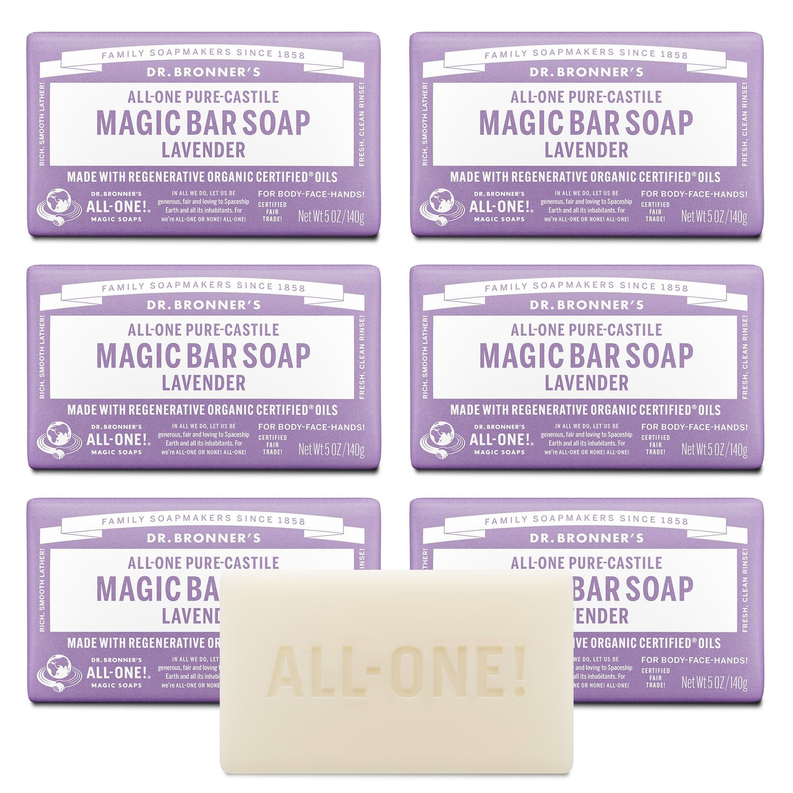 Dr. Bronner’s Pure-Castile Magic Soap Bars (Lavender, 5 5 Ounce (Pack of 6)