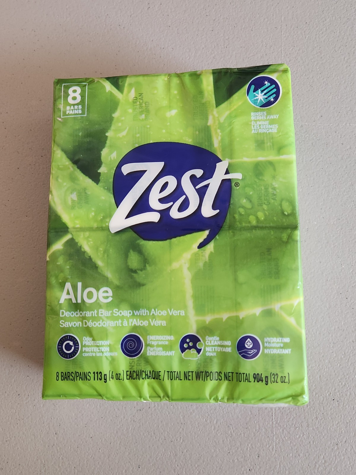 NIP ZEST 8 Bar Aloe Deodorant Soap 4Oz Each 32 Oz Ttl. Odor Protection Hydrating