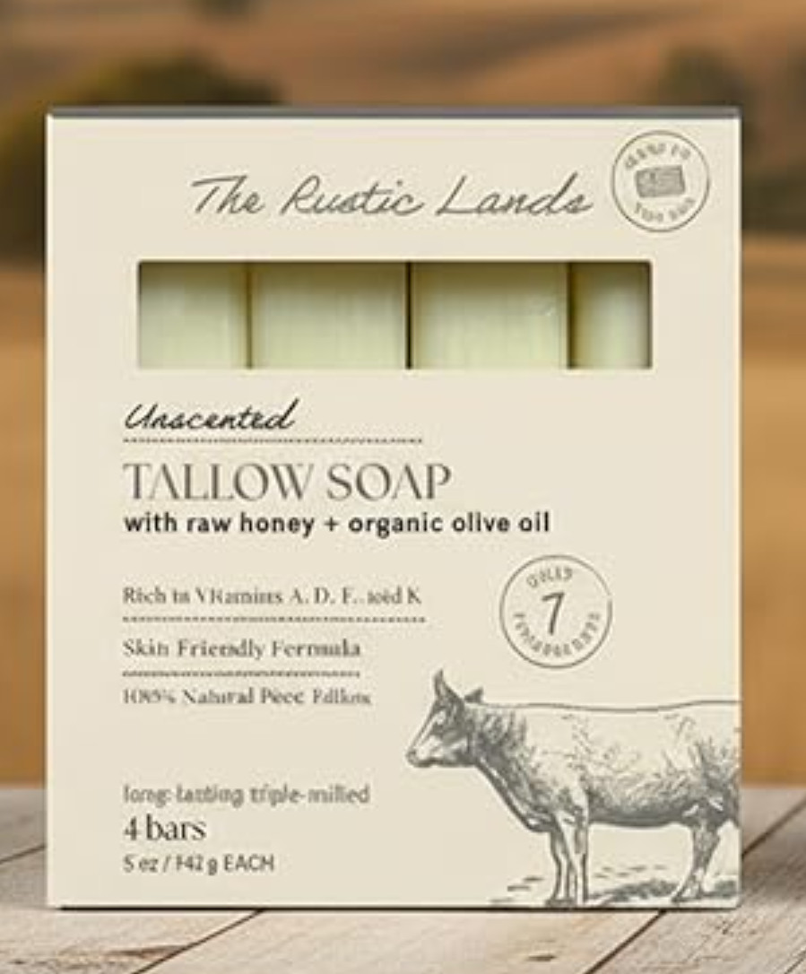 THE RUSTIC LANDS Grass Fed Beef Tallow Soap 4 Bar w/ Honey & Olive Oil Unscented