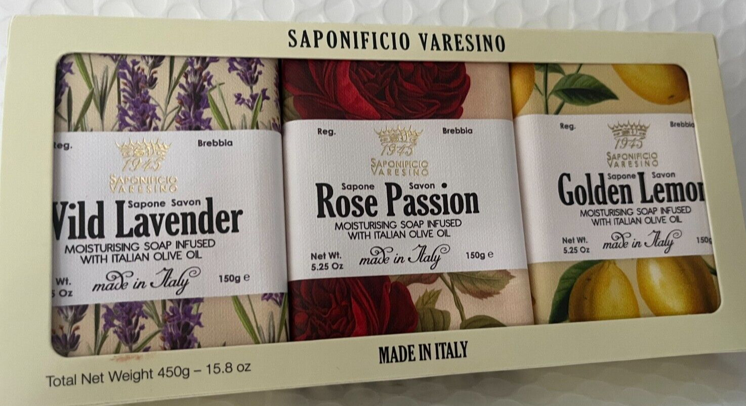 SAPONIFICIO VARESINO FLORAL COLLECTION,LAVENDER,ROSE,GOLDEN LEMON 5.25 EACH NIB
