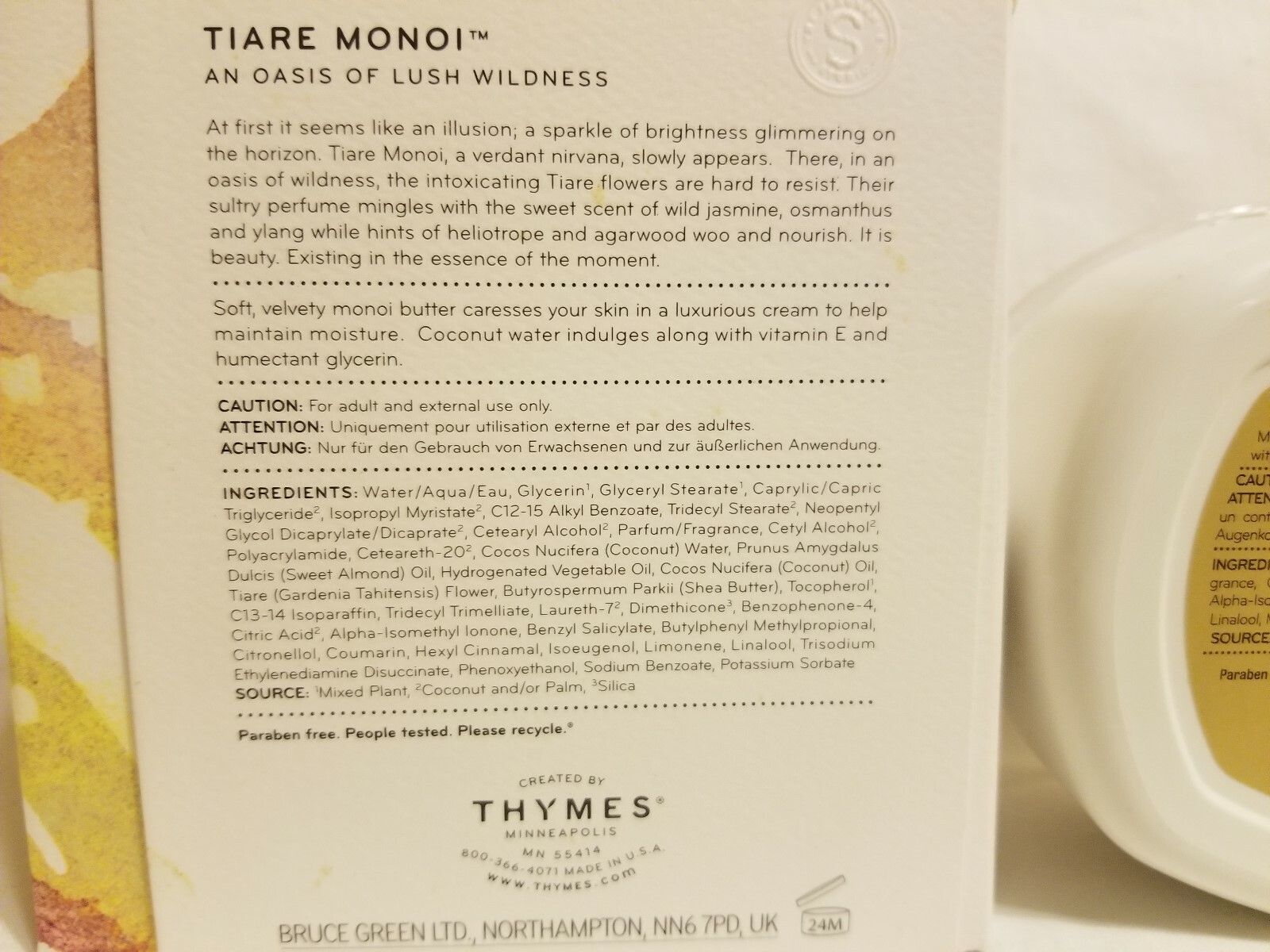 Thymes Tiare Monoi Body Butter & Milled Bar Soap w/Covered Soap Dish