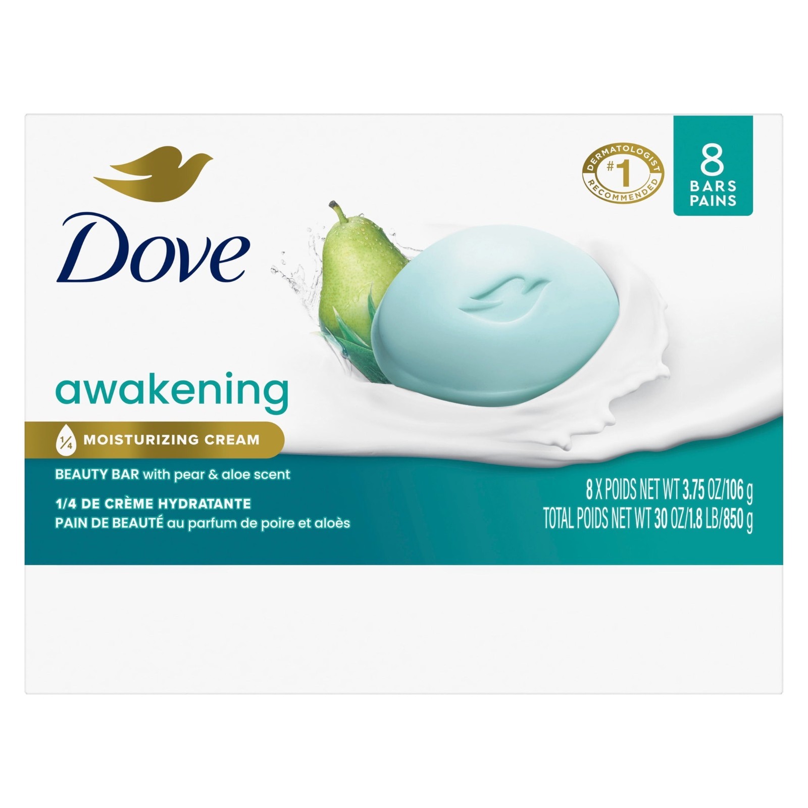 Dove Beauty Bar Soap, Awakening Pear & Aloe, 3.75 oz, 8 Bars, 2 Pack (16 Bars)