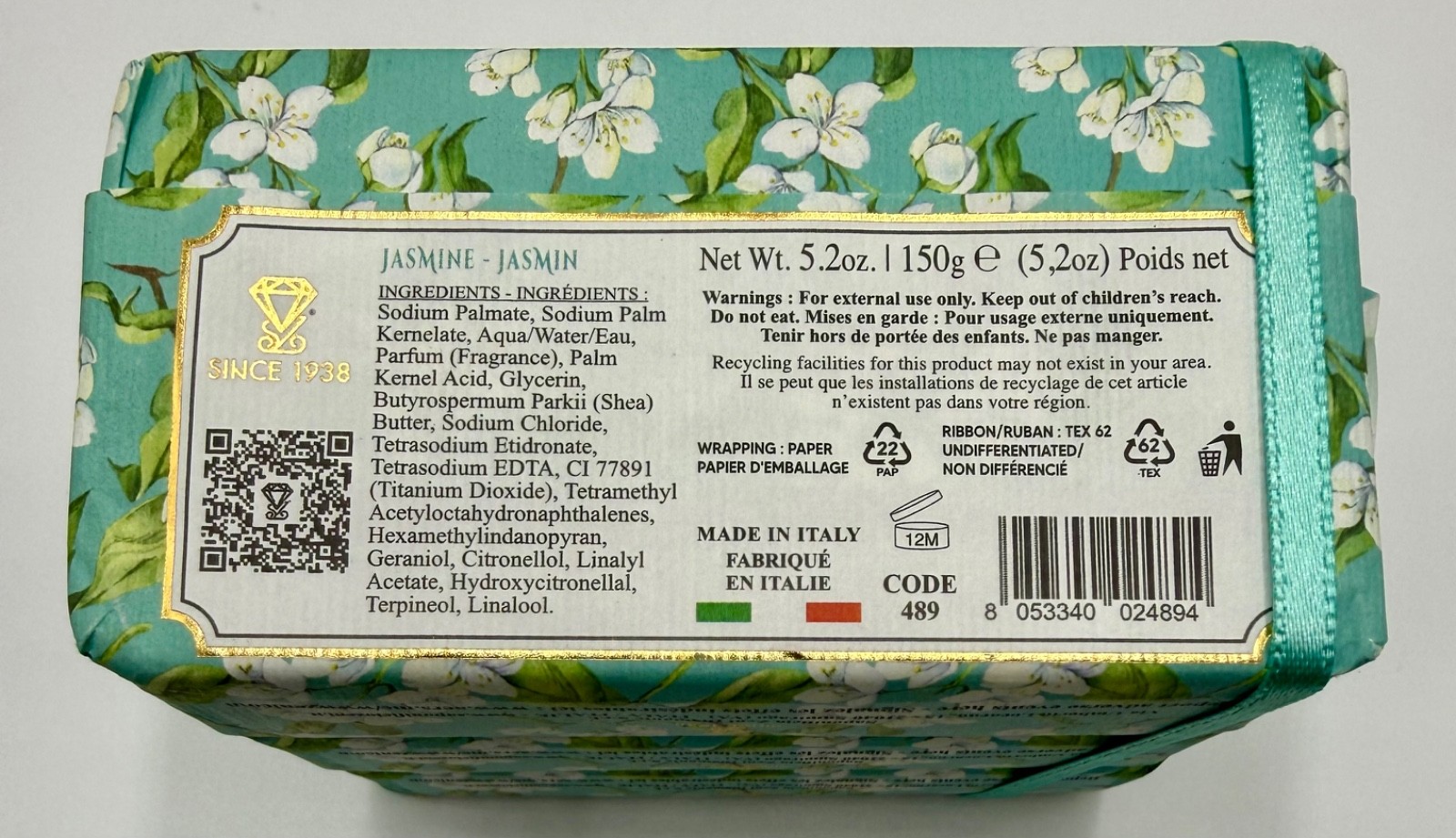 Zeni Jasmine Triple Milled Soap Bars 3x 5.2oz Made in Italy Total 15.8oz + 1 Bag