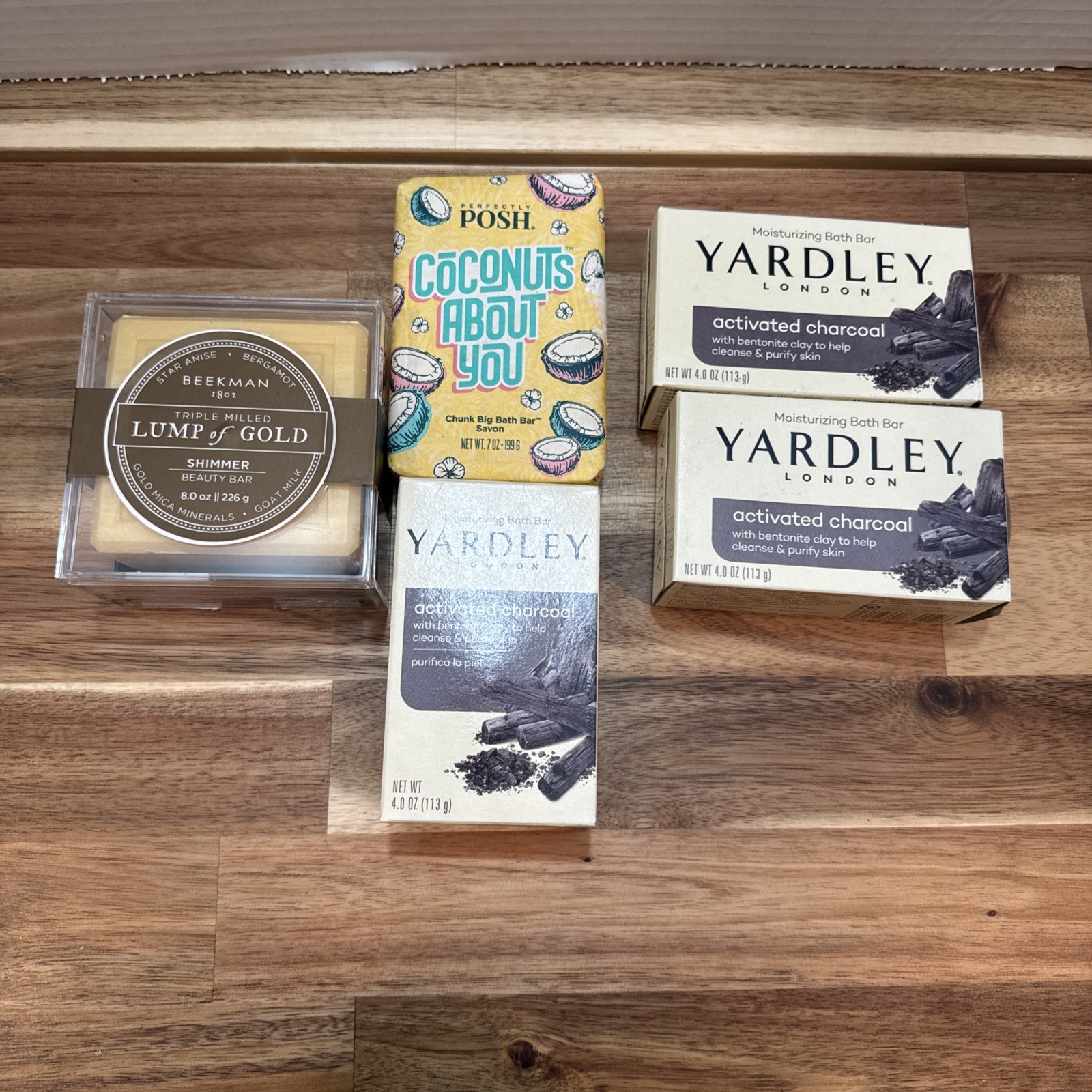Beekman 1802 Lump Gold Shimmer Beauty Bar, Posh Coconuts Bar &3 Yardley Charcoal