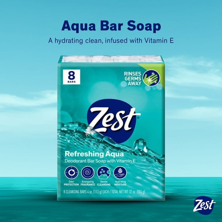 Zest 8-Bar Bath Size Soap, Aqua, 4 Ounce per Bar, 8 Bars, 32 Ounce