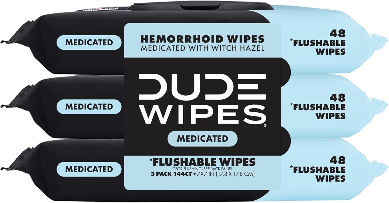 DUDE Wipes – Medicated Flushable – 3 Pack, 144 – Unscented…
