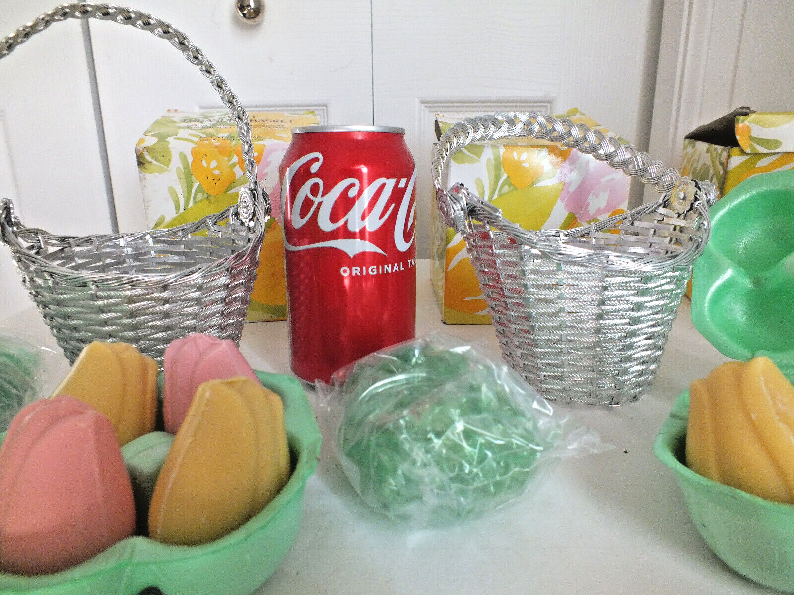 Avon lot of 3 NOS silver Treasure basket with 4 Tulip SOAPS each NIB vintage