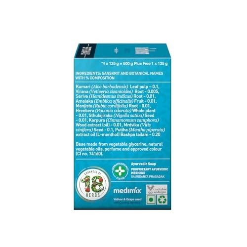 Medimix Cool Soap Menthol Vetiver Grape Seed 125g Ayurvedic 5Pc Vegan Bar