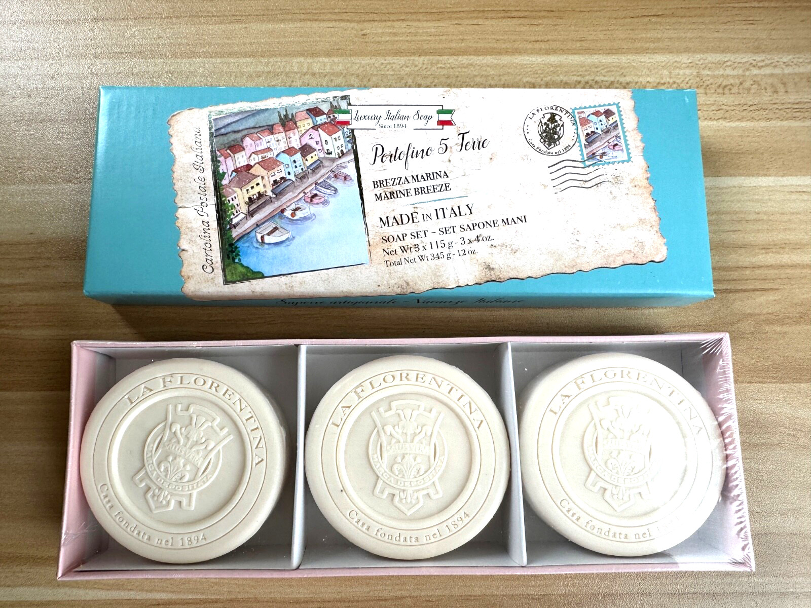 Italian Soaps- Portofino 5 Terre-Marine Breeze-Soap Set of 3 x115g -Made/ Italy