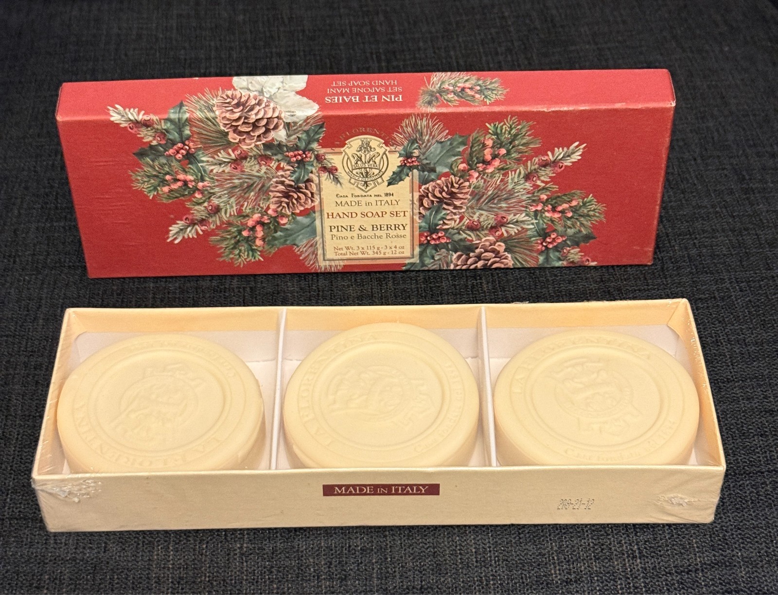 La Florentina Luxury Natural Pine & Berry Bar Soap Set -3x14oz Handmade In Italy