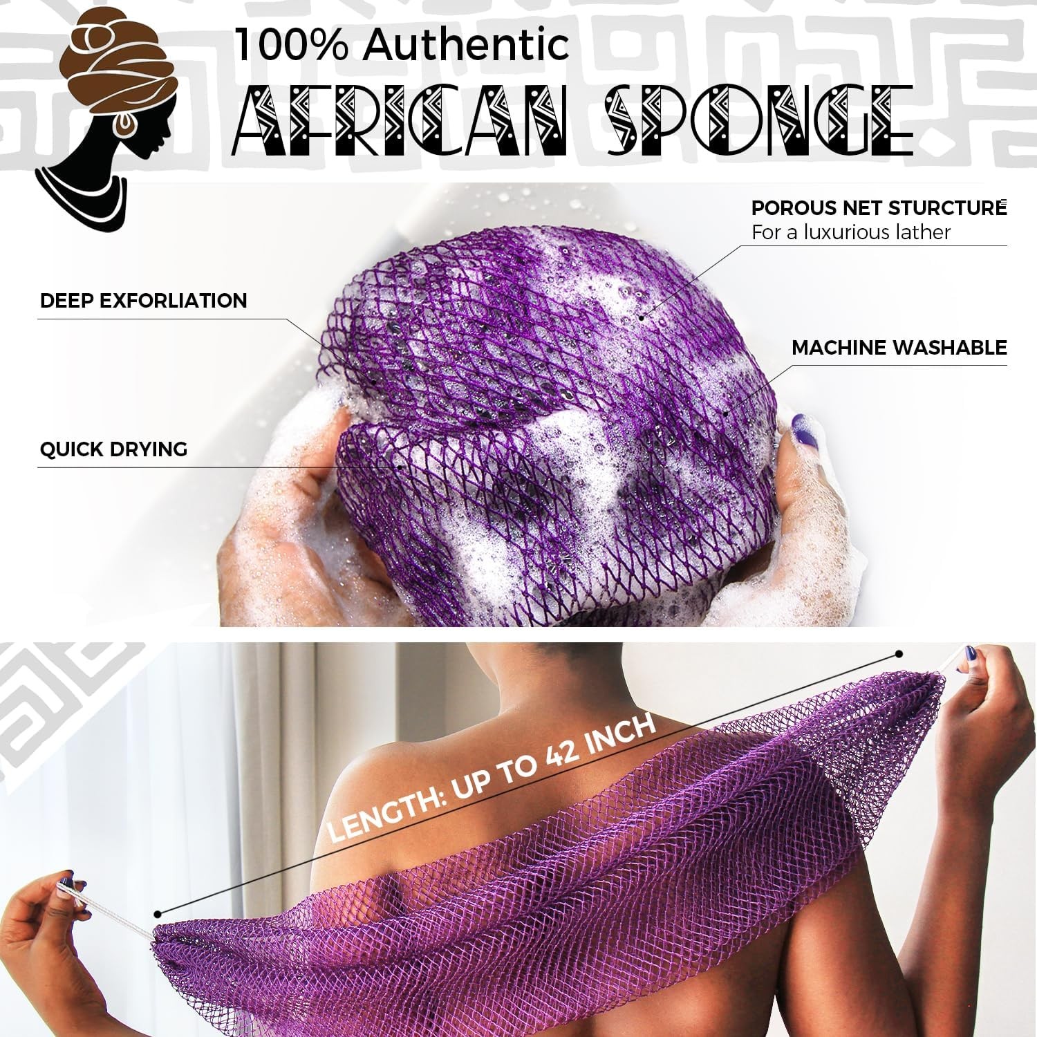 African Net Sponge Authentic – 2 Pieces Loofah Exfoliating Body Purple & Pink