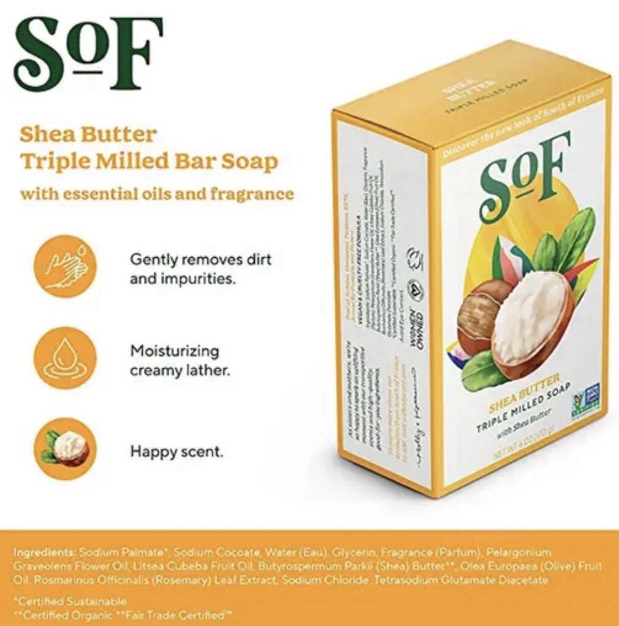 South Of France Shea Butter Triple Milled Bar Soap New 6oz