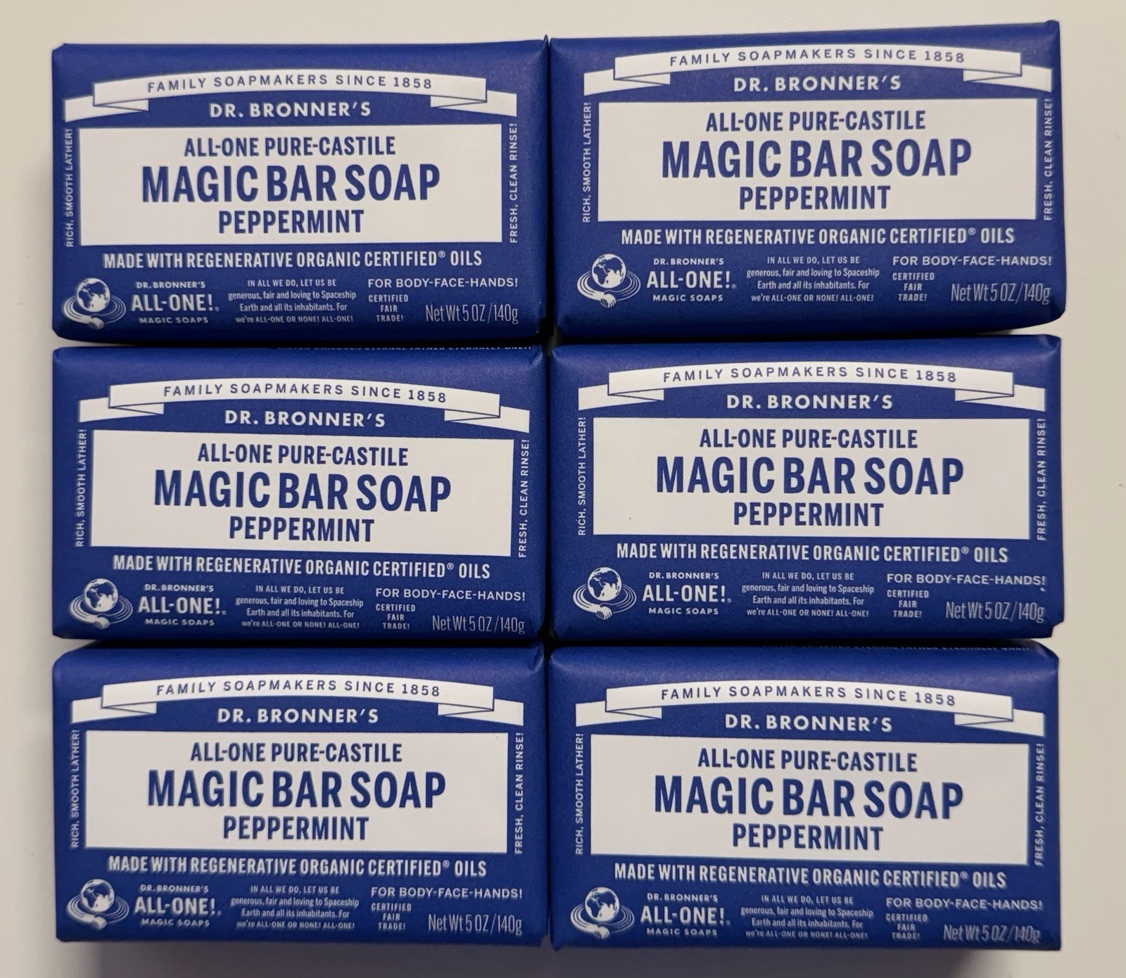 NEW Dr. Bronner’s All-One Pure-Castile Peppermint Magic Bar Soap 6-Pack 5oz Bars