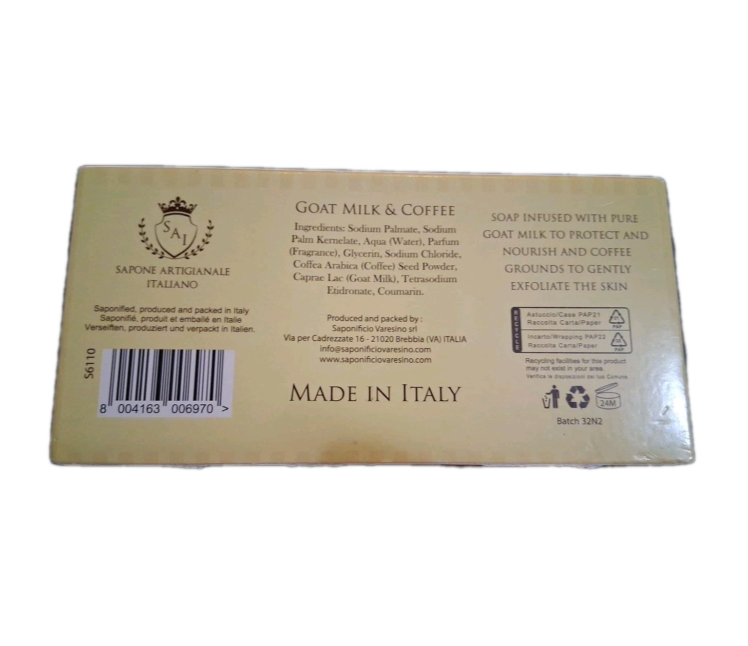 3-Pack Italian Artisan Goat Milk & Coffee Scrub Soap Bar NIB Made in Italy