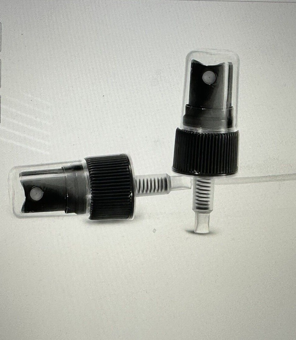 20/410 black ribbed plastic fine mist sprayers clear styrene caps 3 3/4″ tube