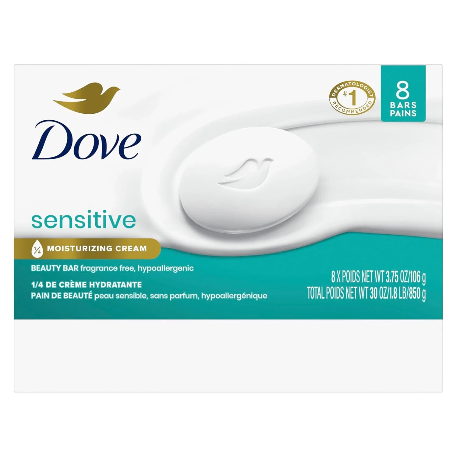 Dove Beauty Bar Soap Sensitive, 8 Bars for Sensitive Skin, Fragrance Free
