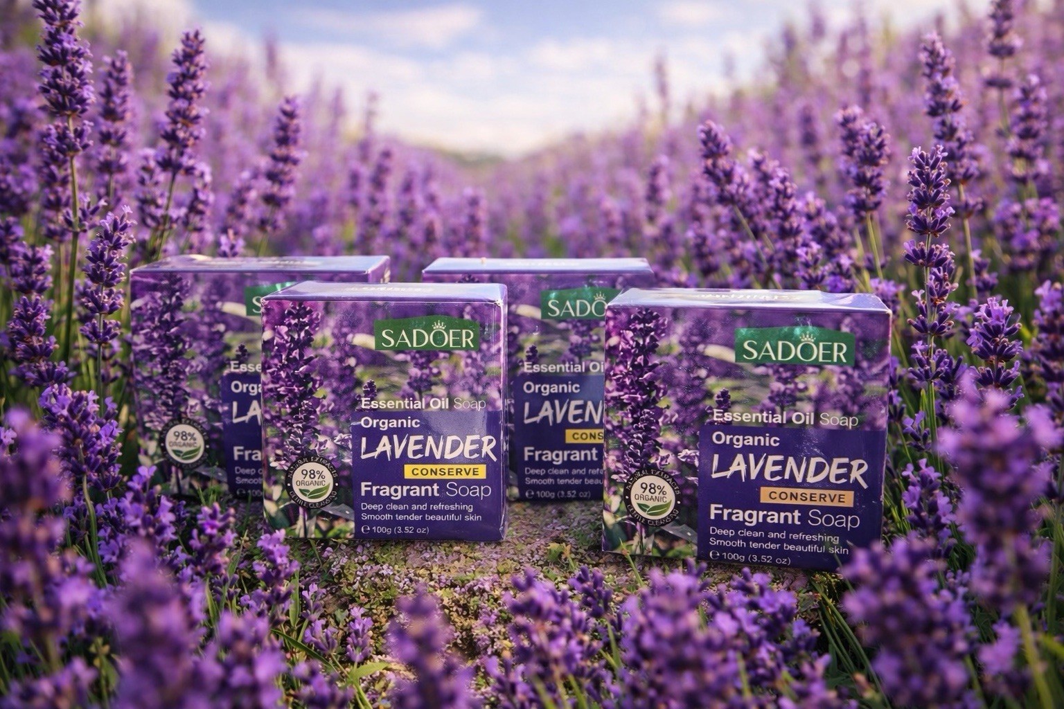 4 pk SADOER Organic Lavender Soap Bar Hydrating Floral Scent 100g Body Face