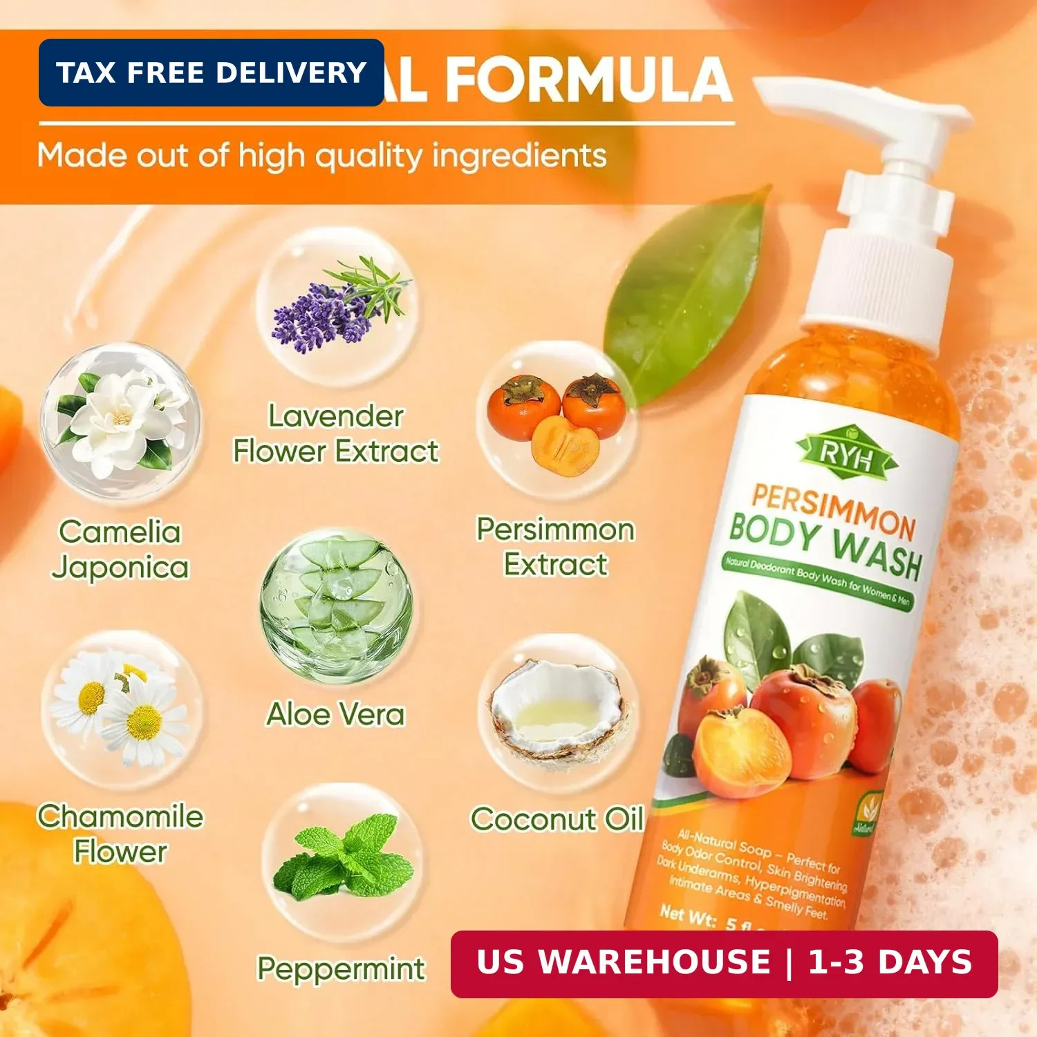 RYH Persimmon Body Wash for Odor Control – Natural Deodorant Soap Unisex 8.5 fl