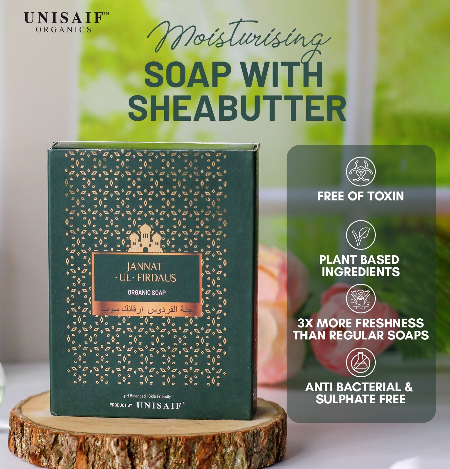Unisaif Jannat-Ul-Firdaus Organic Body Soap Bar, Moisturizing With Shea Butter