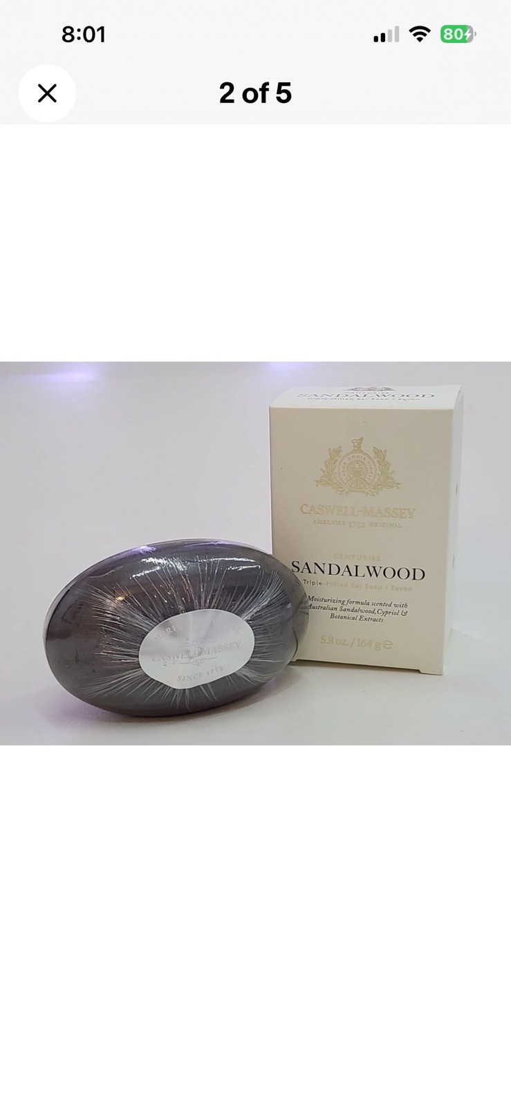 Caswell Massey Centuries Ssndalwood Triple Milled Single Bar Soap
