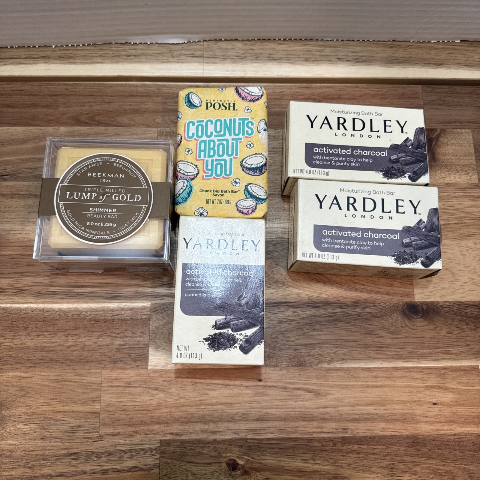 Beekman 1802 Lump Gold Shimmer Beauty Bar, Posh Coconuts Bar &3 Yardley Charcoal