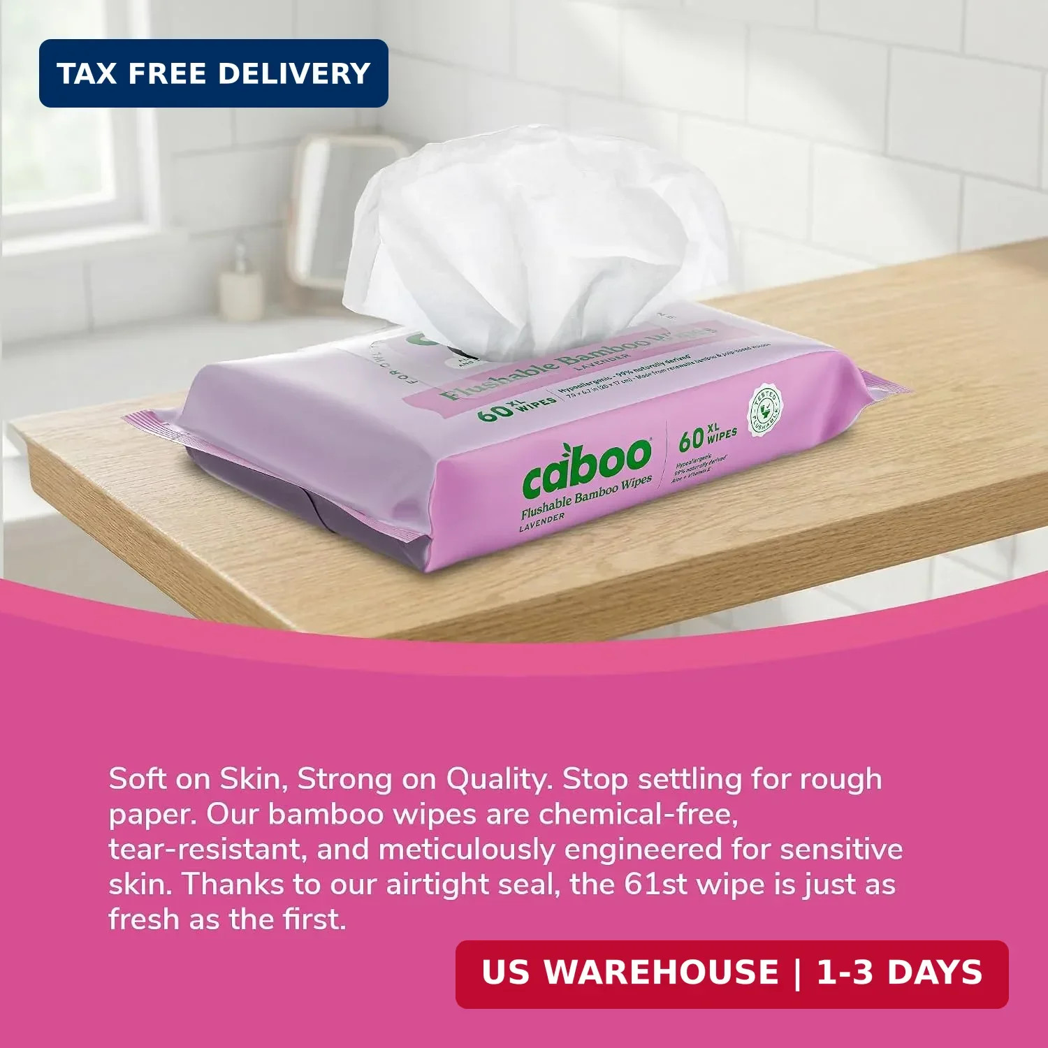 Caboo Lavender Flushable Wipes | Certified Flushable, Septic Safe, Chemical Free