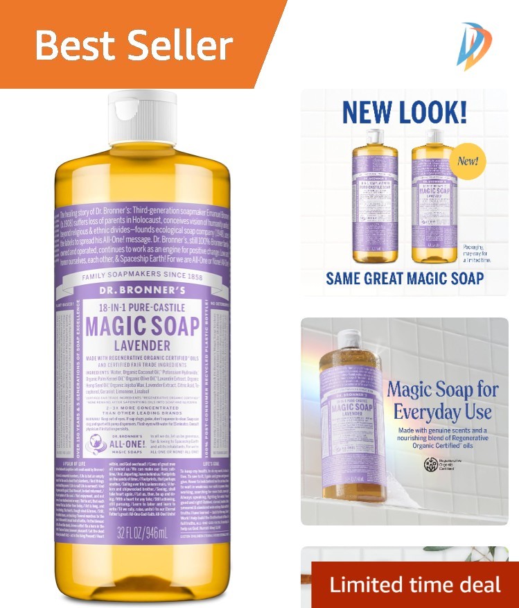 Concentrated Organic Castile Soap, 32 Oz – Lavender Scent, Ideal for Face & Body
