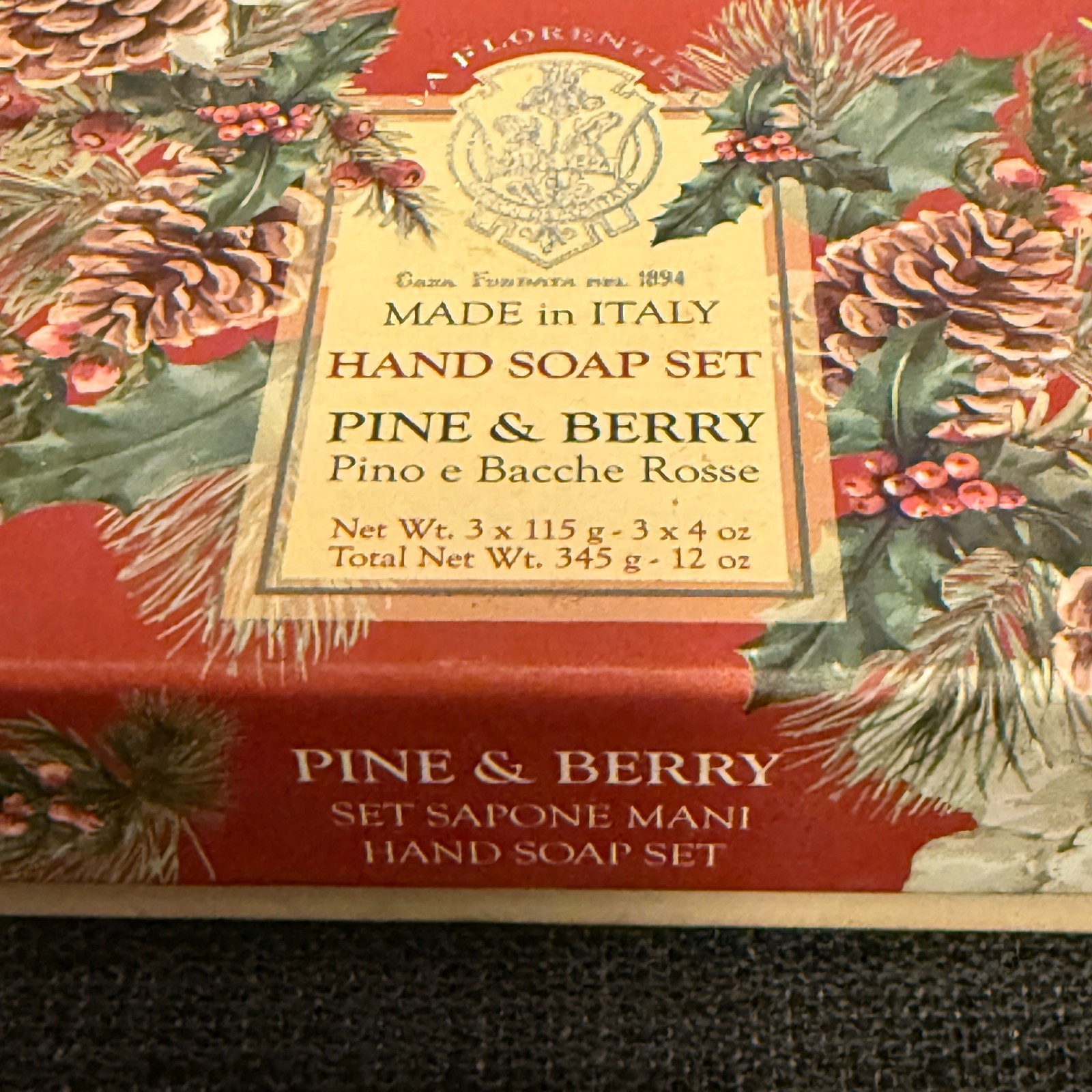 La Florentina Luxury Natural Pine & Berry Bar Soap Set -3x14oz Handmade In Italy