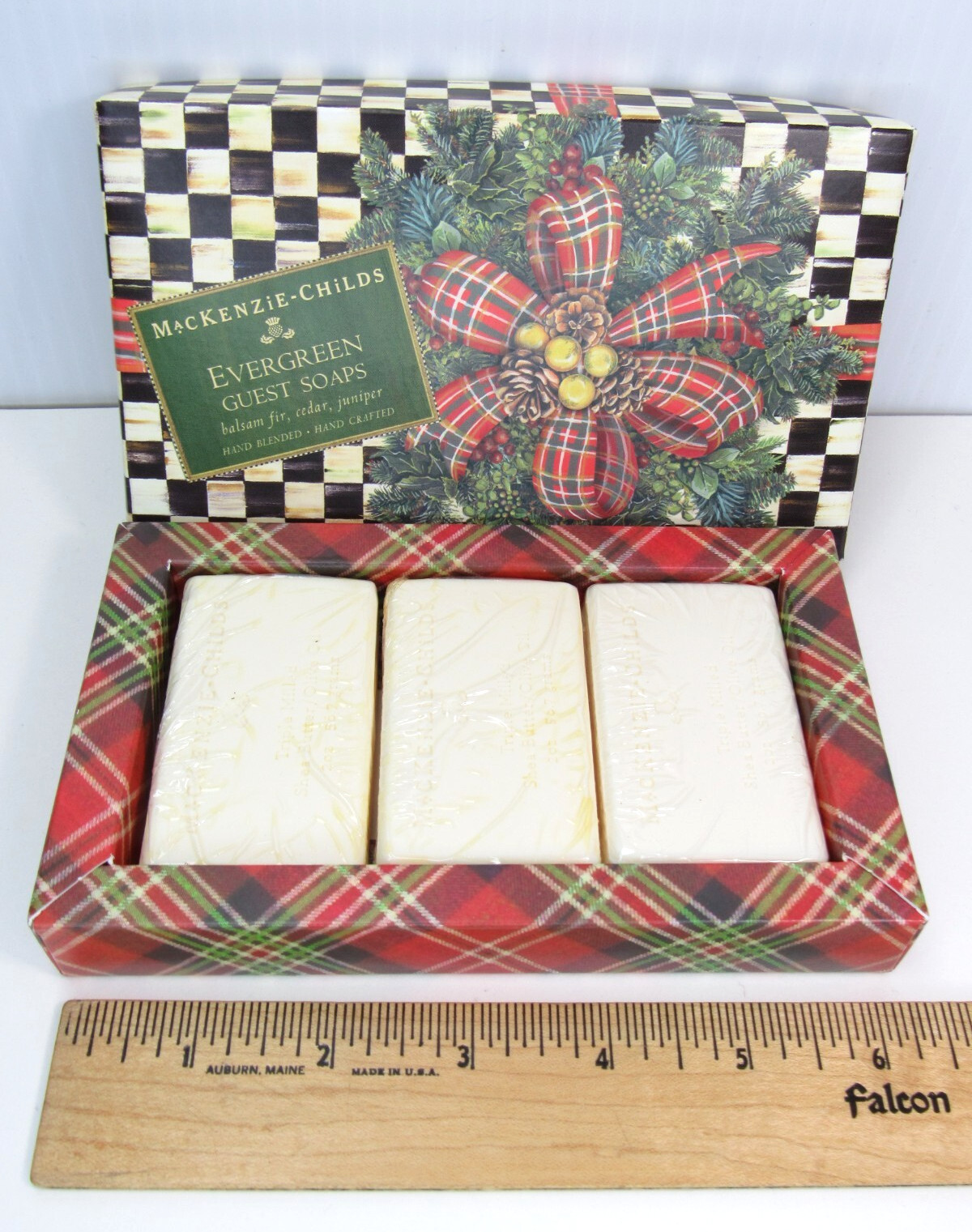 RARE MacKenzie-Childs EVERGREEN Guest Soap 3 Bar Set Balsam Fir, Cedar, Juniper